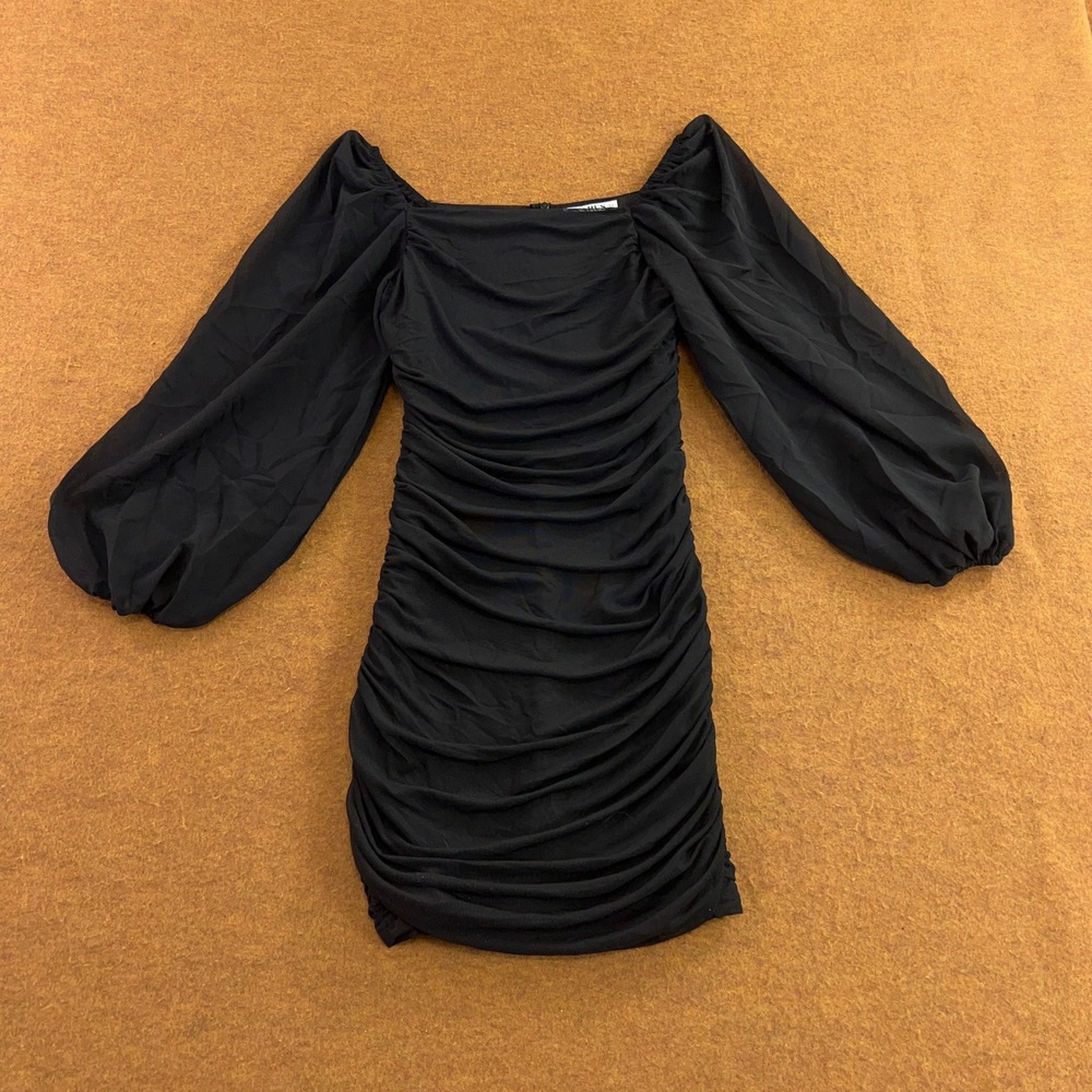 Exarus Girls 12Y Black Ruched Balloon Sleeve Bodycon Mini Dress